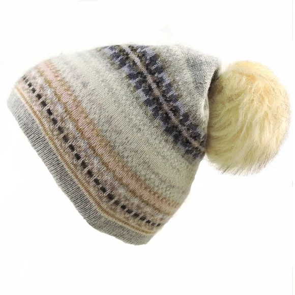 HANNAH ROSE ⚜ WOMEN'S GREY CASHMERE WINTER KNIT POMPOM HAT - Picture 1 of 3